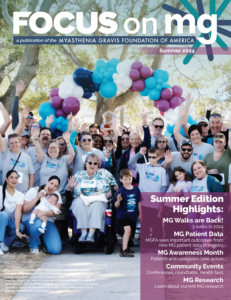 Cover of ‘FOCUS on MG’ magazine, Summer 2024 edition. The image shows a group of smiling people gathered outdoors under trees, celebrating with colorful balloons in shades of blue, purple, and white. The highlights on the cover include MG Walks are Back, MG Patient Data, MG Awareness Month, Community Events, and MG Research.